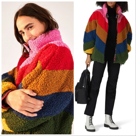 FARM Rio Mixed Macaw Faux-Shearling Reversible Puffer Jacket Rainbow Stripe Coat - Picture 2 of 16